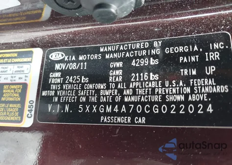 2012 Kia Optima Lx z USA, uszkodzony, nr VIN 5XXGM4A70CG022024